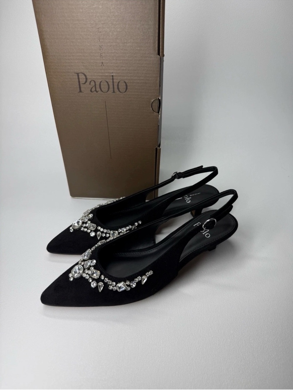 Linea Paolo CRYSTAL Black Suede Embellished Pointed Slingback Kitten Heel NIB